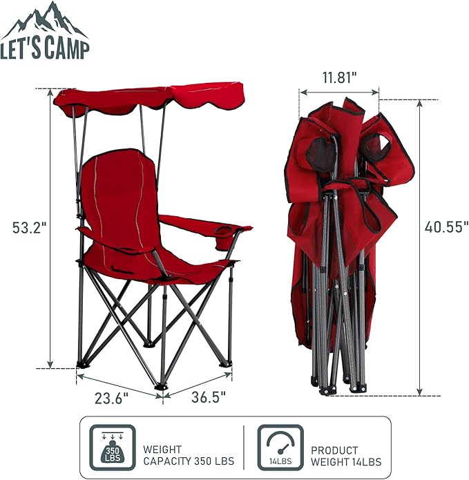LET'S CAMP Camp Chair with Shade Canopy Folding Camping Recliner Chair with Carry Bag for Outdoor Camping Hiking Beach Heavy Duty 350 LBS