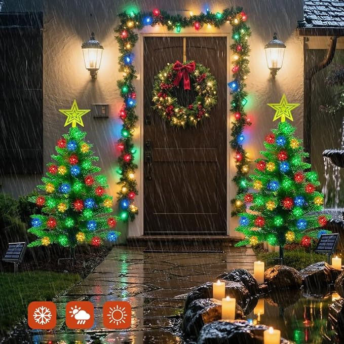 2 Pack 3.6Ft Solar Christmas Tree with 100 Snowflake Lights Waterproof Christmas Decorations Outdoor Solar Christmas Lights Outdoor Xmas Tree for Yard Pathway Porch Cemetery Holiday Decor