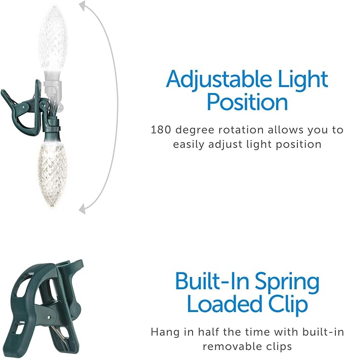 C9 LED Quick Clip Christmas Lights | Built-in Clip-One String Lights | 24 Purple Blue Green Bulbs | 16inch Foot Strand