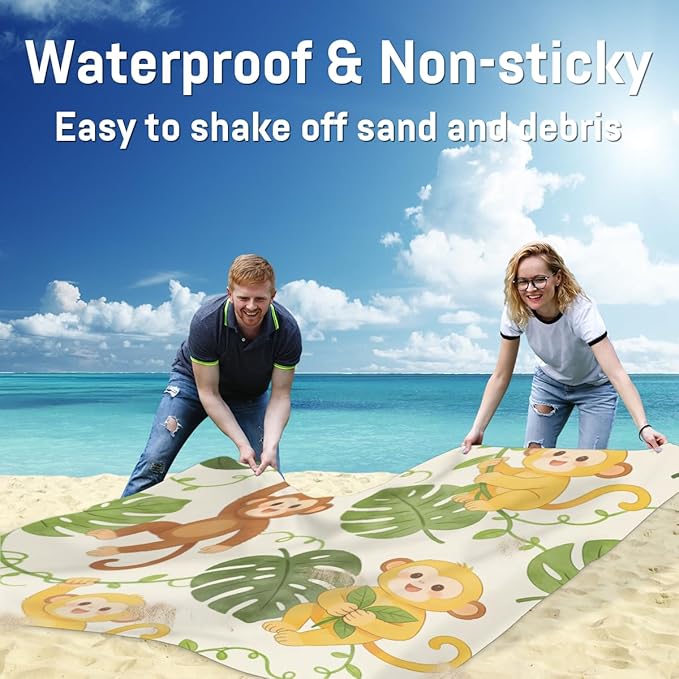Tropical Cartoon Monkey Beach Blanket - Waterproof and Sand Proof 79 x83 Large Lightweight Picnic Mat Suitable for Beach Camping Hiking Includes 4 Ground Nails&amp1 Storage Bag
