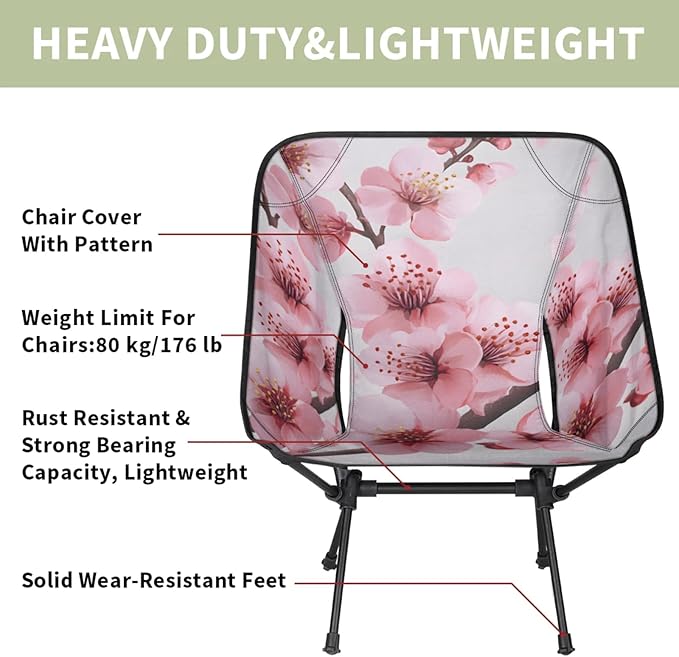 Honeybaby Folding Camping Chair Peach Flower Camping Chairs Lightweight Portable Chair Outdoor Foldable Chairs for Camping Travel Picnic Beach Hiking