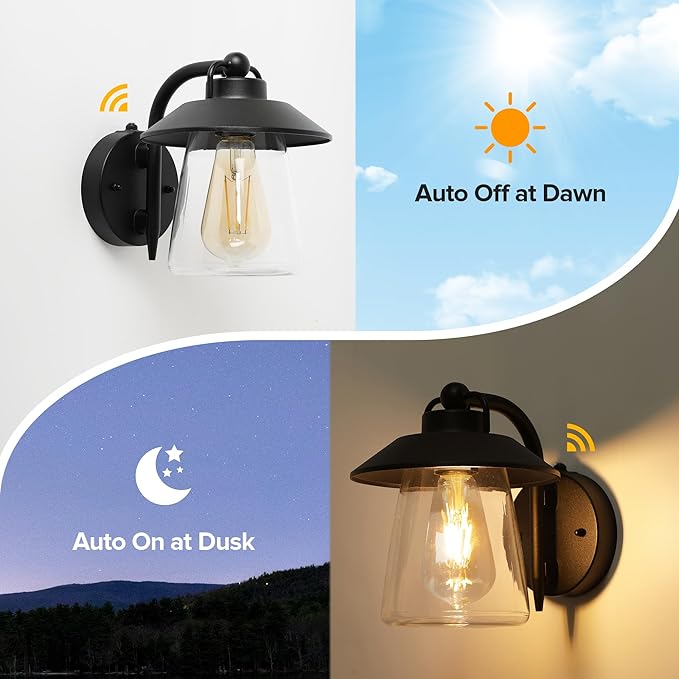 LUTEC 2 Pack Dusk to Dawn Outdoor Indoor Exterior Light Fixture Farmhouse Barn Wall Sconce Matte Black Finish Anti-Rust Wall Mount Light Waterproof Wall lamp with Clear Glass for Porch Patio