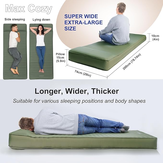 Origem Self Inflating Sleeping Pad with Electric Pump 4 Ultra-Thick Memory Foam Camping Mattress Foam Campinging Mat for Tent CampingTraveling and Car Easy to Inflate and Deflate (Green)