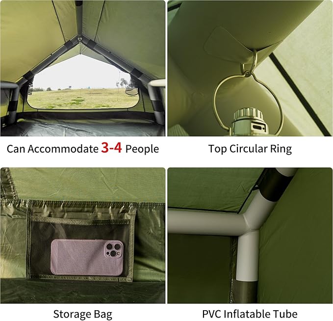 Inflatable Camping Tent with Hand Pump Waterproof Outdoor Blow up Tent Oxford 4 Season Air Tent Cabin House with Mesh Windows &amp Door 12sq/6sq Green