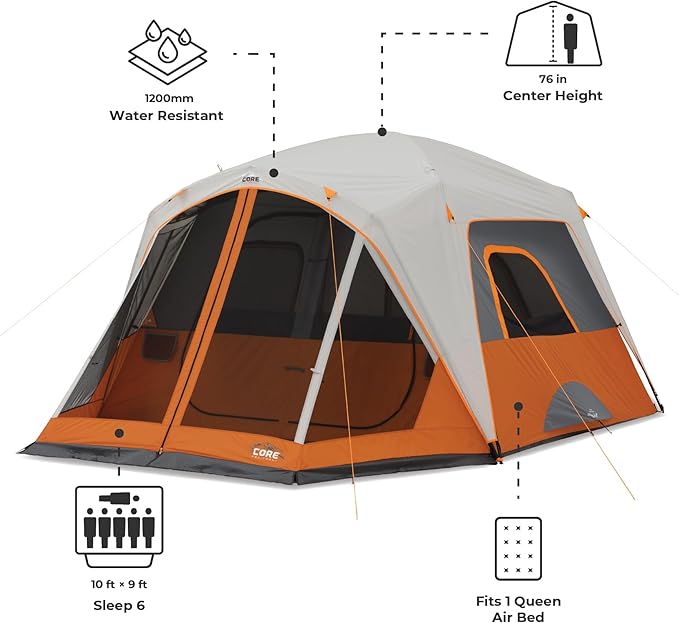 CORE Tent for Family Camping | 4 Person &amp 6 Person Portable Camp Tent with Carry Bag for Outdoor Car Camping | Included Gear Loft Organizer for Camp Accessories