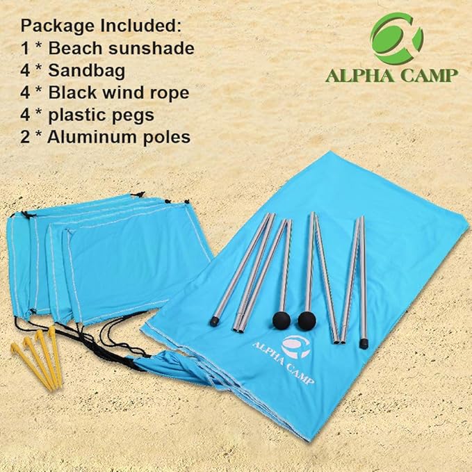 ALPHA CAMP Beach Tent Canopy Portable Sun Shelter Sun Shade 7x7 FT with Sandbag Anchors 2 Pole Pop Up Outdoor Shelter Family Size for Beach Camping Fishing Backyard Picnics - Blue