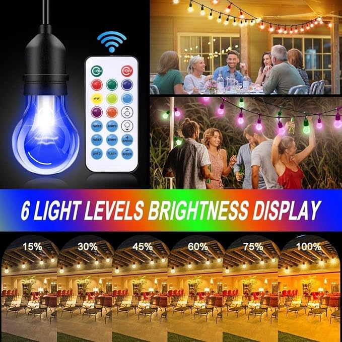 105FT Solar Outdoor String Lights 32 Shatterproof E26 Edison LED Bulbs Dimmable RGB Color Changing Patio Lights Waterproof with Remote. for Backyard Garden Party Bistro Cafe