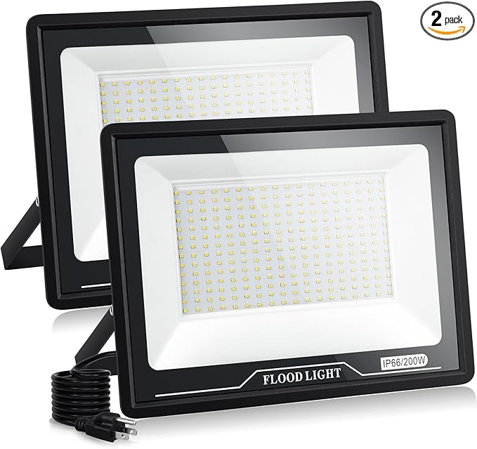 2 Pack LED Flood Light Outdoor 200W 20000LM Work Light IP66 Waterproof Floodlights 6000K Daylight White Security Light Plug-in for Yard Garage Garden