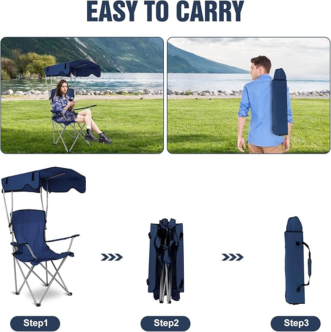 Camping Chair with Canopy Portable Outdoor Folding Beach Chairs with Cup Holder 330LBS Load Lawn Chair for Outside Fishing Beach Picnic (NavyBlue)