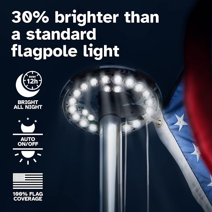 Deneve Deluxe Solar Powered Flagpole Lamp – Dusk to Dawn 12+ Hours 26 LED 1300 Lumen Outdoor Lighting for American Flag Garden Decor House Decor 100% Coverage Silver Model