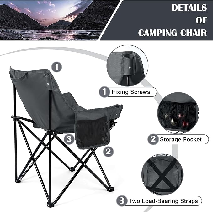 Leonyo Beach Camping Chair 2 Pack Outdoor Folding Chair for Adults Heavy Duty Portable Chair for Outside Fishing Lawn Sport Patio Armrest Cup Holder &amp Storage Pocket Carry Bag Grey