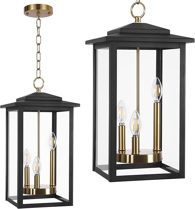 LamQee Large Outdoor Pendant Lights 3-Lights Black and Gold Outdoor Chandelier Lighting Fixture Modern Exterior Ceiling Hanging Lantern with Glass for Porch Front Door Patio Gazebo Entryway Foyer