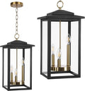 LamQee Large Outdoor Pendant Lights 3-Lights Black and Gold Outdoor Chandelier Lighting Fixture Modern Exterior Ceiling Hanging Lantern with Glass for Porch Front Door Patio Gazebo Entryway Foyer