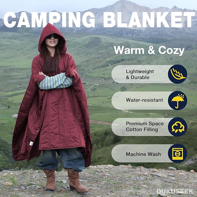 DUKUSEEK Outdoor Wearable Camping Blanket Large Packable Backpacking Hooded Stadium Blankets Lightweight Warm Quilt for Picnic Hiking Football 79X56 Wine Red