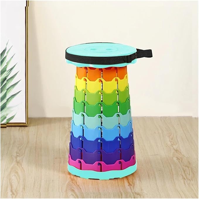 The Latest Portable Fun Casual Round Folding Chair Adjustable Plastic Fishing Stool Rainbow Telescopic Stooltool(Colorful cyan)
