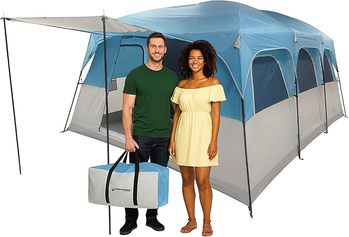 10-12 Person Large Camping Tent – Tall Family Cabin Outdoor Shelter with Room Divider Mesh Windows Water-Resistant Rainfly and Carry Bag for Camping and Outdoor Adventures – Wakeman Outdoors