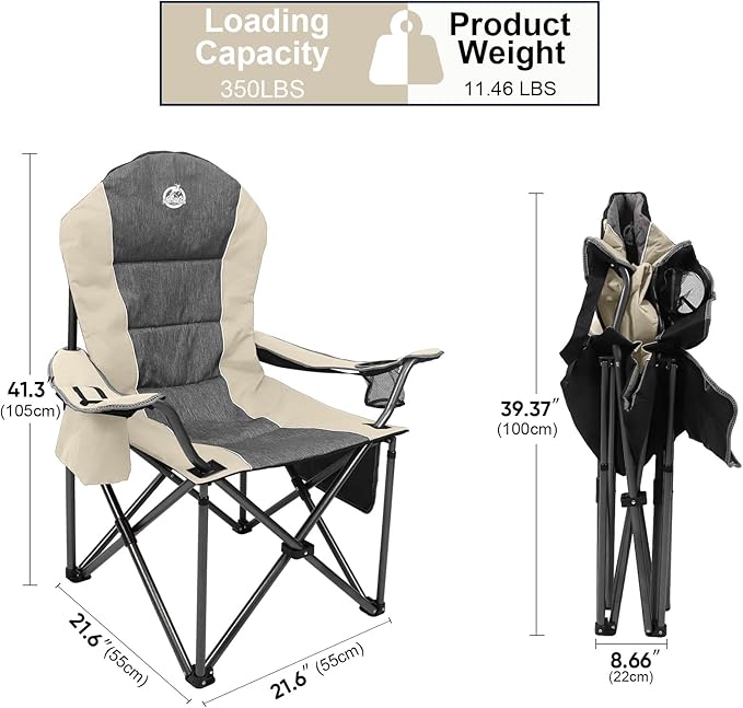 Northroad Oversized Portable Camping Chair Full Padded Outdoor Folding Chair Support 350 LBS Heavy Duty Lawn Chair with Cup Holder Cooler Bag Lumbar Support Head Pocket for Adult-Beige