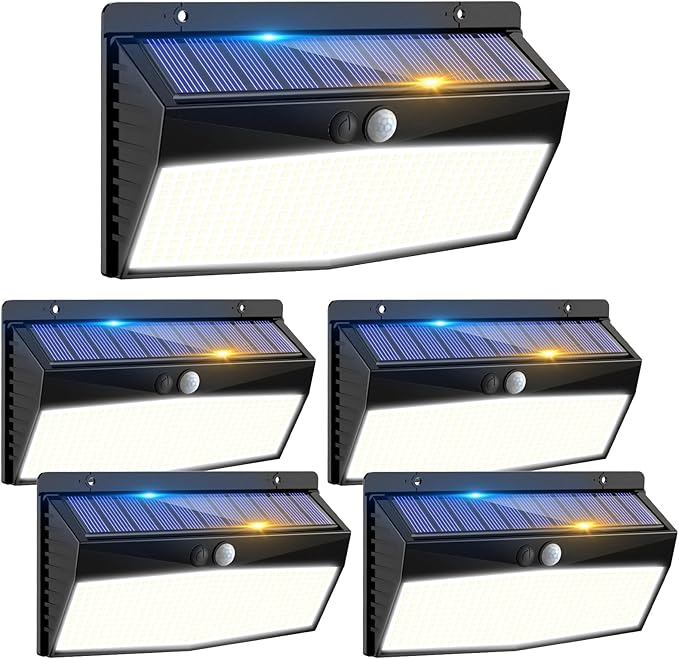 5 Pack 368 LED Solar Lights Outdoor Motion Sensor Solar Fence Light with 3 Lighting Modes Solar Powered Security Lights Waterproof for Outside Yard Wall Garden Backyard Step Garage