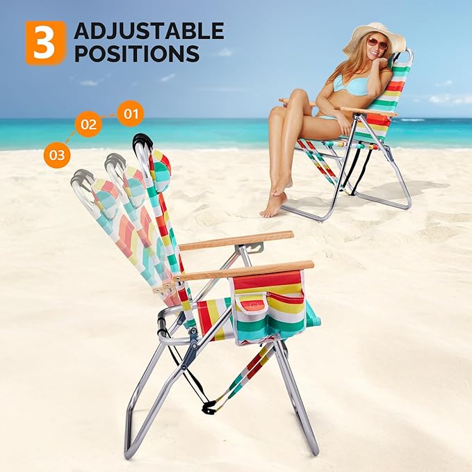Bonnlo Lightweught 17 Backpack Beach Chair Tall Beach Chairs for Adults Portable with Adjustable Straps 3-Position Reclining Cup Holder High Beach Chairs for Beach