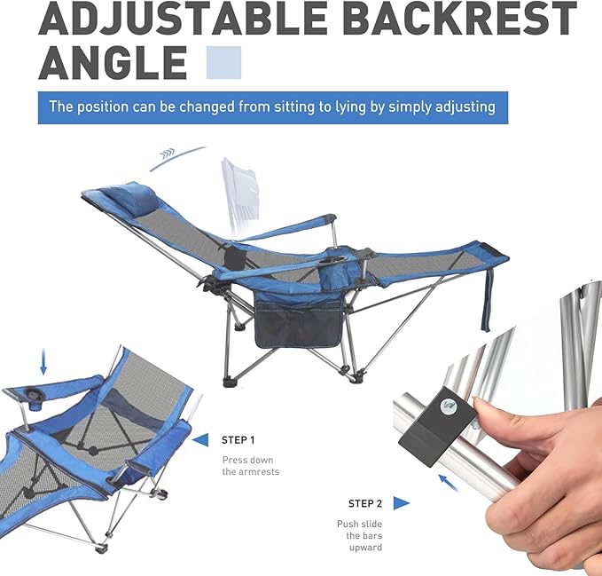 Reclining Folding Camping Chair with Removabel Footrest Adjustable Folde Camping Chair with Foot Rest Camp Lounge Outdoor Beach Chair Mesh Reclining Design with Pillow Cup Holder Blue Mesh