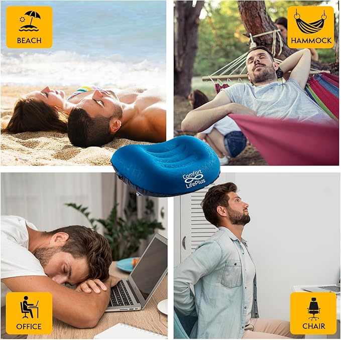 Ultralight Inflatable Camping Travel Pillow - Compressible Compact Comfortable Ergonomic Inflating Pillows for Neck &amp Lumbar Support Camp Hiking Backpacking (Orange)