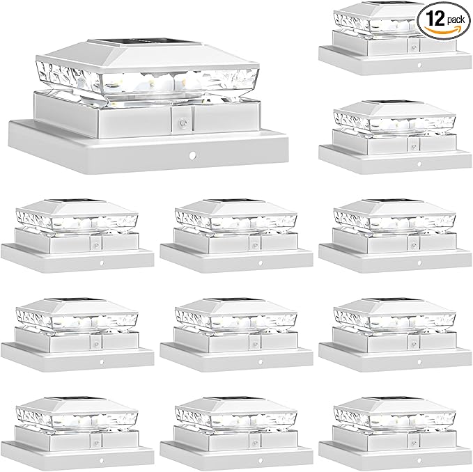 NIORSUN Solar Post Cap Lights Outdoor Waterproof 2 Lighting Modes 4x4 Post Solar Lights Fence Posts Solars Light for Deck Patio Garden Decoration 4x4 Posts Caps Wood Vinyl 12 Pack (White)