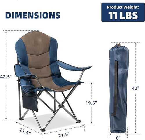 2 Pack Folding Camping Chairs for Adults - High Back Padded Outdoor Lawn Chairs with Lumbar Support &amp Cup Holder 400lbs Heavy Duty Portable Camping Chairs Set (Blue &amp Brown 2 PCS)