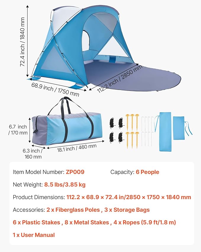 VEVOR Beach Tent Sun Shelter for 6 Person UPF 50+ Portable Sun Shade Beach with Carrying Bag &amp Sand Pockets Lightweight and Easy Setup Beach Umbrella for Family Camping Outdoor Picnic
