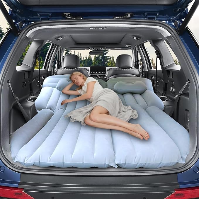 Inflatable SUV Air MattressThickened Flocking Car Travel Camping Bed with 2 Pillows &amp Air PumpPortable Car Sleeping Mattress for SUV Trunk and Rear