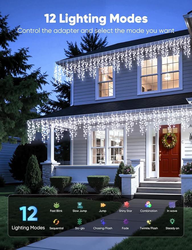 Brightown Icicle Christmas Lights Outdoor 33FT 1020 LED Cluster Icicle Lights with 51 Drops12 Mode Connectable Firecracker Light with Timer Waterproof Christmas Light Outdoor for House White