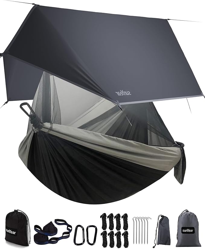 Sunyear Camping Hammock with Net &amp Rain Fly - Portable Double Hammock with Tree Straps + Waterproof Tarp for Backpacking Hiking Outdoor Survival