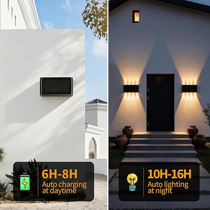Solar Wall Lights Outdoor 2 Pack Up and Down Solar Wall Sconce 3000K Warm White Dusk to Dawn IP65 Waterproof Exterior Mounted Lights Up to 16H Runtime for Porch Doorway Entryway
