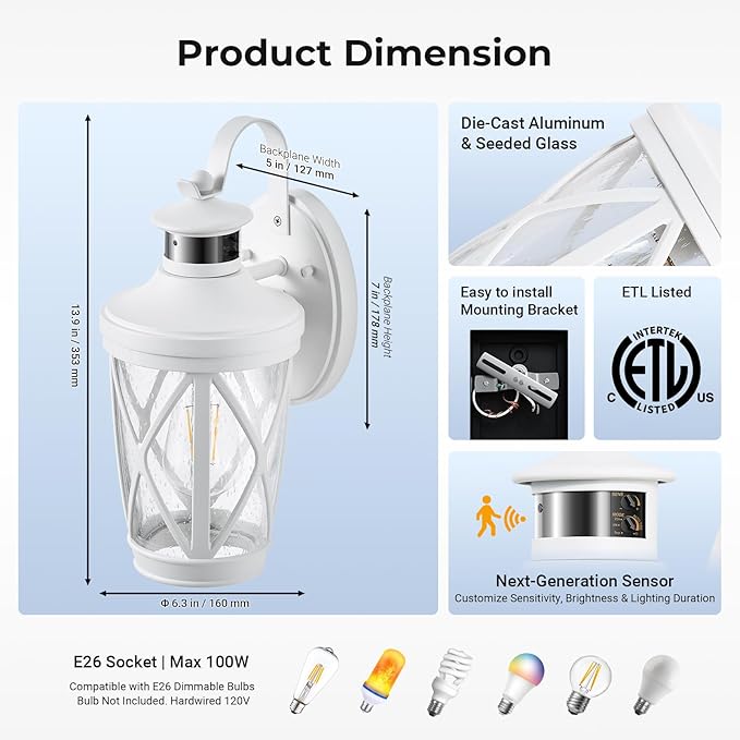 VIANIS Motion Sensor Outdoor Wall Light Fixtures 2-Pack White Dusk to Dawn Front Porch Lights Anti-Rust Outdoor Lanterns Wall Mount with Adjustable Sense Range Exterior Coach Light for Garage