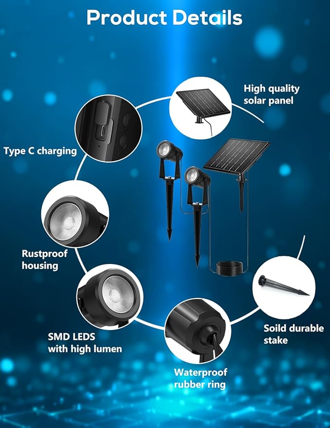 ZYAN Solar Landscape Spotlights Separate Monocrystalline Panels &amp USB-C Powered 10800mAh Auto On Off Dusk to Dawn Outdoor IP65 Waterproof Warm White for Yard Path Patio (8 Pack)
