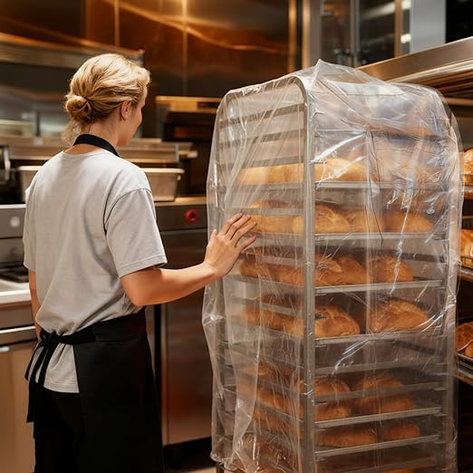 100 Pack Disposable Bun Pan Rack Covers 53x79 Clear Plastic Commercial Grade Food Safety Covers for Sheet Pans and Wire Racks