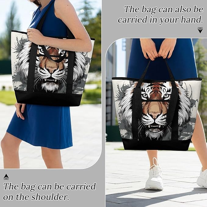 Insulated Shopping BagLarge Reusable Cooler Bags Black And White Doodle Tiger Printed Foldable Shopping BagTravel Waterproof Shoulder Bag