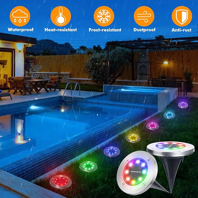 LYHOPE Solar Ground Light Outdoor 16 Pack 8 LED Color Changing Solar Disk Lights Waterproof Garden In-ground Pathway Lights Landscape Lighting for LawnYardDeckPatioWalkway (RGB)