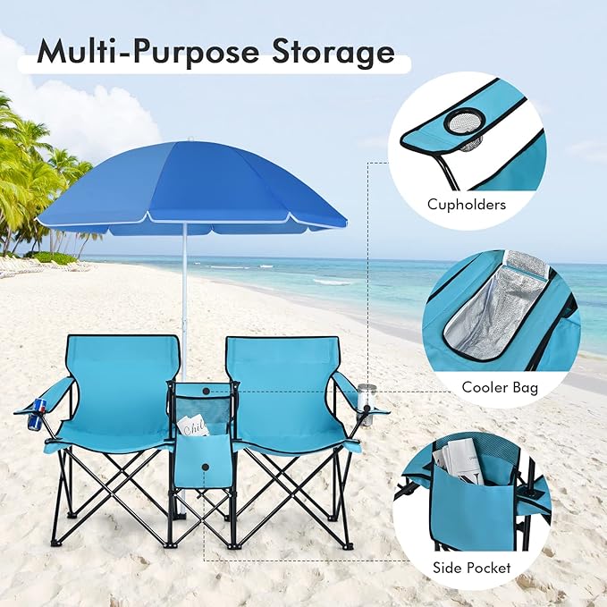 COSTWAY Double Portable Picnic Chairs Folding Camping Chairs w/Detachable Umbrella Cooler Bag Cup Holders Patio Beach Camping Chairs for Outdoors