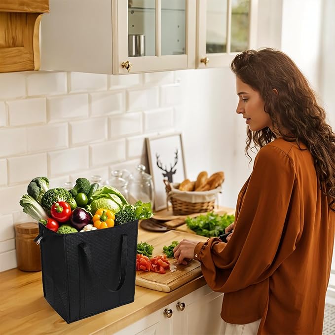 6 Pcs Insulated Shopping Bags For Groceries Large Reusable Cooler Bags Thermal Totes With Zippered Top For Hot Cold Food Delivery Refrigerator Pizza(Black)