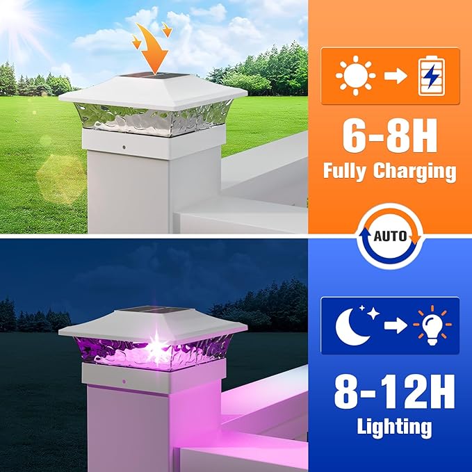APONUO Solar Post Cap Lights with 8 RGB Solid Colors &amp Multicolor Flow - 4 Pack Fence Post Solar Lights IP65 Waterproof - Fits 4x4 5x5 6x6 Wood &amp Vinyl Posts - White