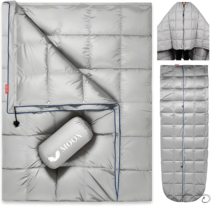 MOOX Down Camping Blanket Packable Backpacking Camping Quilt Outdoor Lightweight Warm Water Resistant Puffy Sleeping Bag Travel Hiking 55x79 Waterproof Camp Throw Blanket Gray Blue