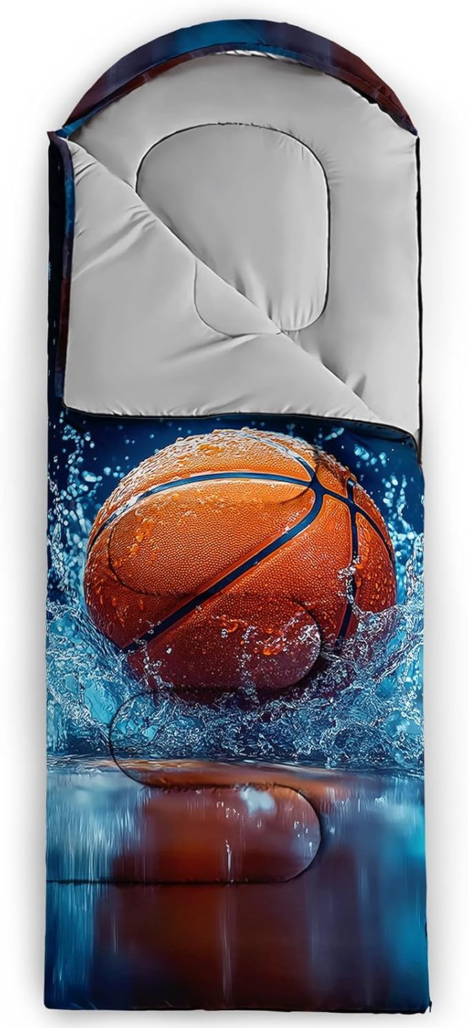 Kids Sleeping Bag for Boys Girls3D Basketball Print-Lightweight Warm Portable Outdoor Indoor-Waterproof Cold Weather Resistant Sleeping Bag for Camping Hiking