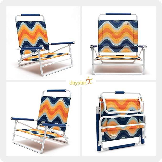 SunnyFeel Low Folding Beach Chair for Adults Lightweight Beach Chair Portable Camping Sand Chairs with Hard Armrest Supports 300lbs for Beach Lawn Concert
