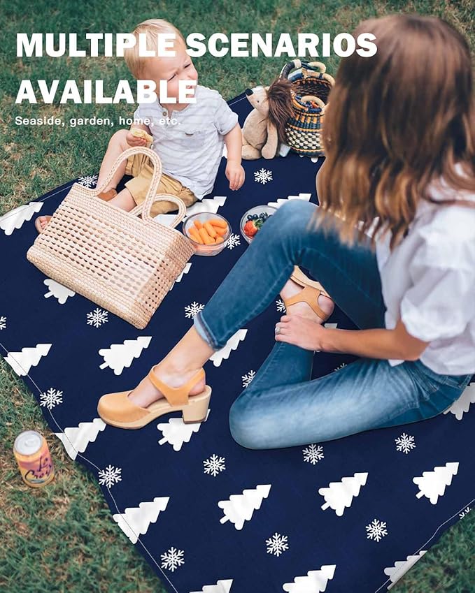 Beach Blanket Waterproof Sandproof Oversized Abstract Christmas Trees Beach Mat with Corner Stakes Sand Pockets Xmas Snowflakes on Blue Outdoor Picnic Mat for Travel Camping Hiking 95x80In