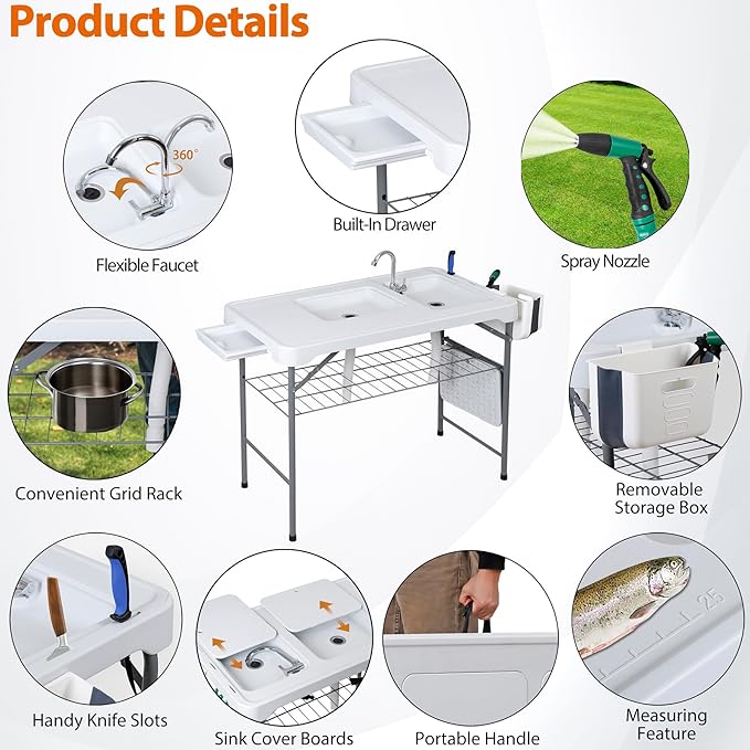 SUPER DEAL Fish Cleaning Table with Sink 42.4 Portable Folding Camping Sink Station with Measure Mark Grid Rack &amp Cleaning Kit for Outdoor Fishing Camping and Picnics
