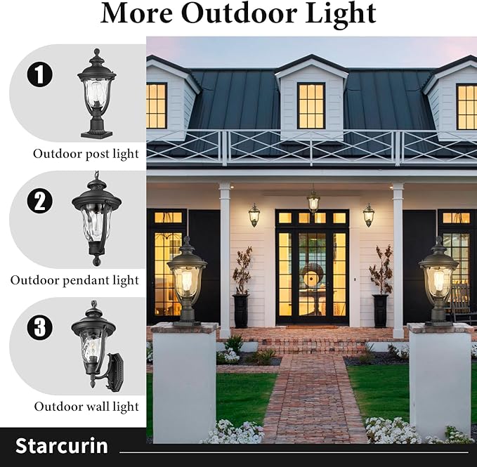 Outdoor Post Lights Modern Exterior Lamp Posts Light Fixtures Waterproof and Anti-Rust Aluminum Outside Pole Latern for Porch Patio Garden Water Ripple Glass Lamp Shade Black Finish
