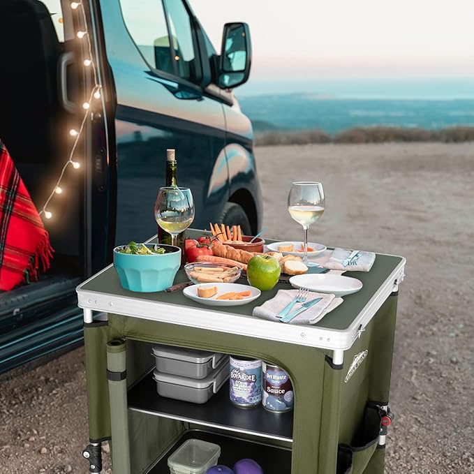 EAGLE PEAK Outdoor Folding Camping Table with Large 3-Tier Storage Organizer and Side Pockets Easy Set Up Portable Aluminum Camping Kitchen Green