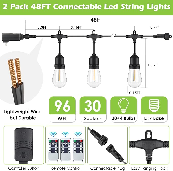 96FT(2 * 48FT) Outdoor String Lights with Remote Dimmable Patio Lights with 30+4 Bulbs 3 Modes 4 Level Timers for Balcony Porch Black 2 Pack