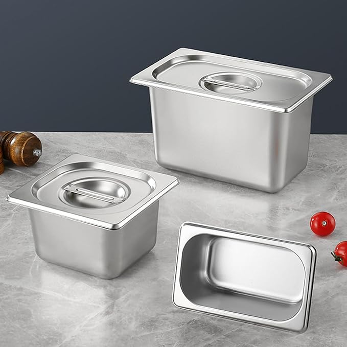Stainless Steel 1/3 Size Kitchen Pan with Lid for Commercial Food Preparation and Space Saving Storage Container