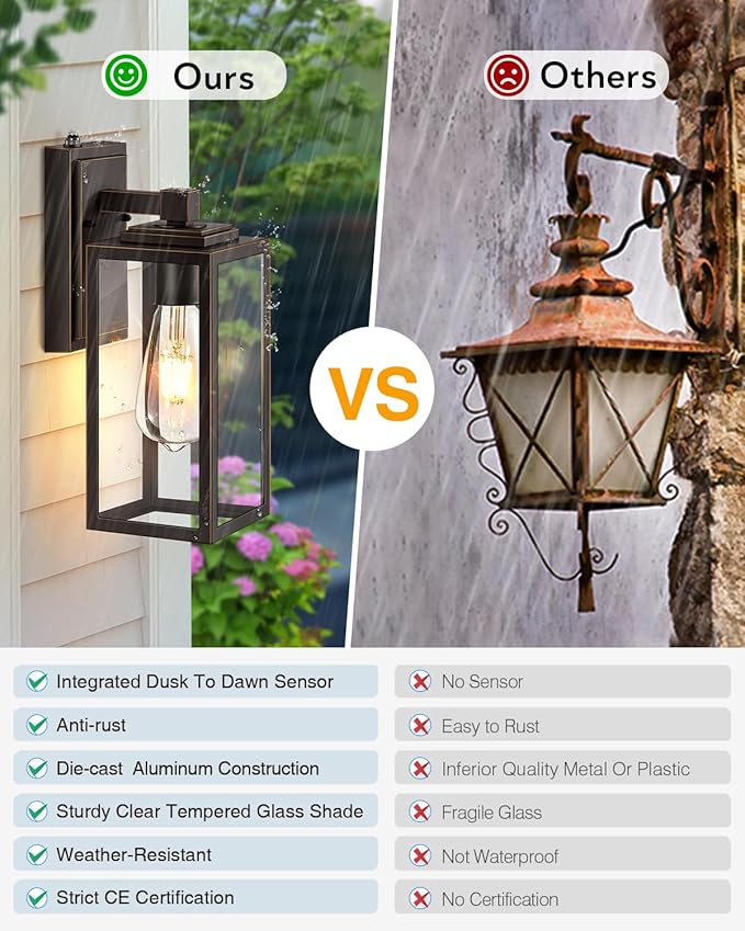 VIANIS Dusk to Dawn Outdoor House Lights Wall Mount 2 Packs Oil Rubbed Bronze Gold Trim Exterior Garage Lighting Fixtures Farmhouse Outdoor Wall Sconce Lantern for Porch Patio Anti-Rust Waterproof